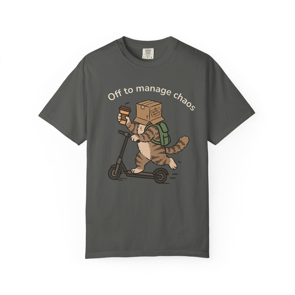 T‑Shirt — "Off to Manage Chaos" Cat on Scooter Graphic Tee