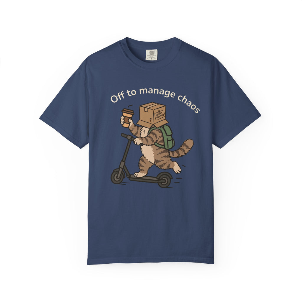 T‑Shirt — "Off to Manage Chaos" Cat on Scooter Graphic Tee