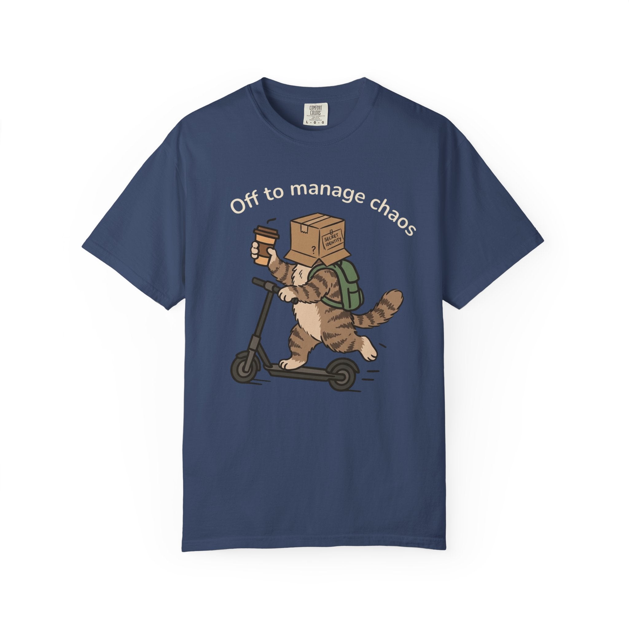 T‑Shirt — "Off to Manage Chaos" Cat on Scooter Graphic Tee