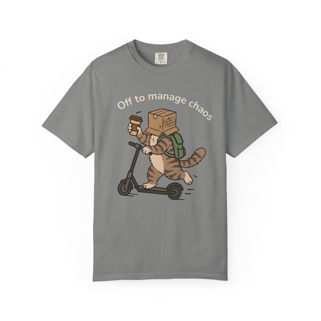 T‑Shirt — "Off to Manage Chaos" Cat on Scooter Graphic Tee