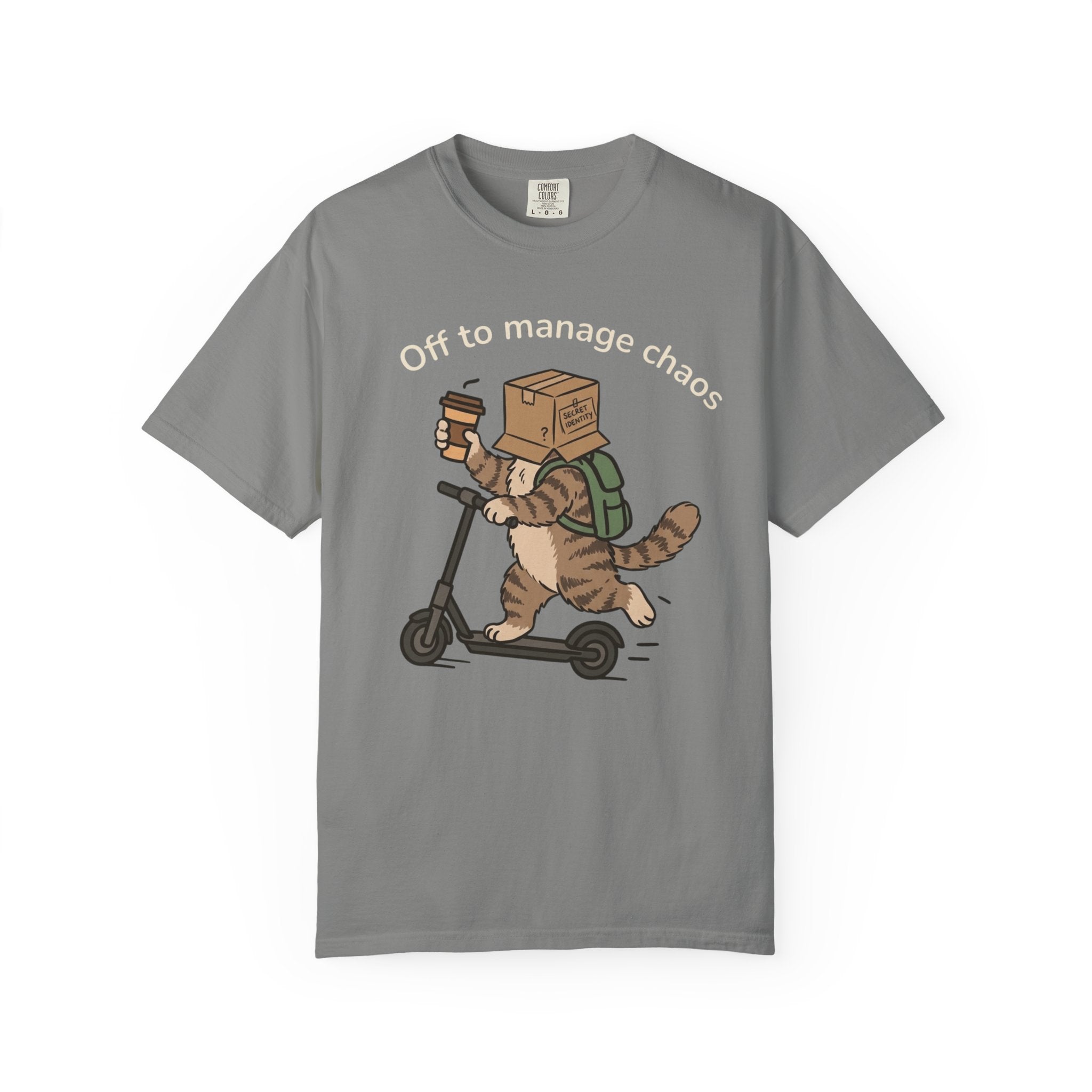 T‑Shirt — "Off to Manage Chaos" Cat on Scooter Graphic Tee