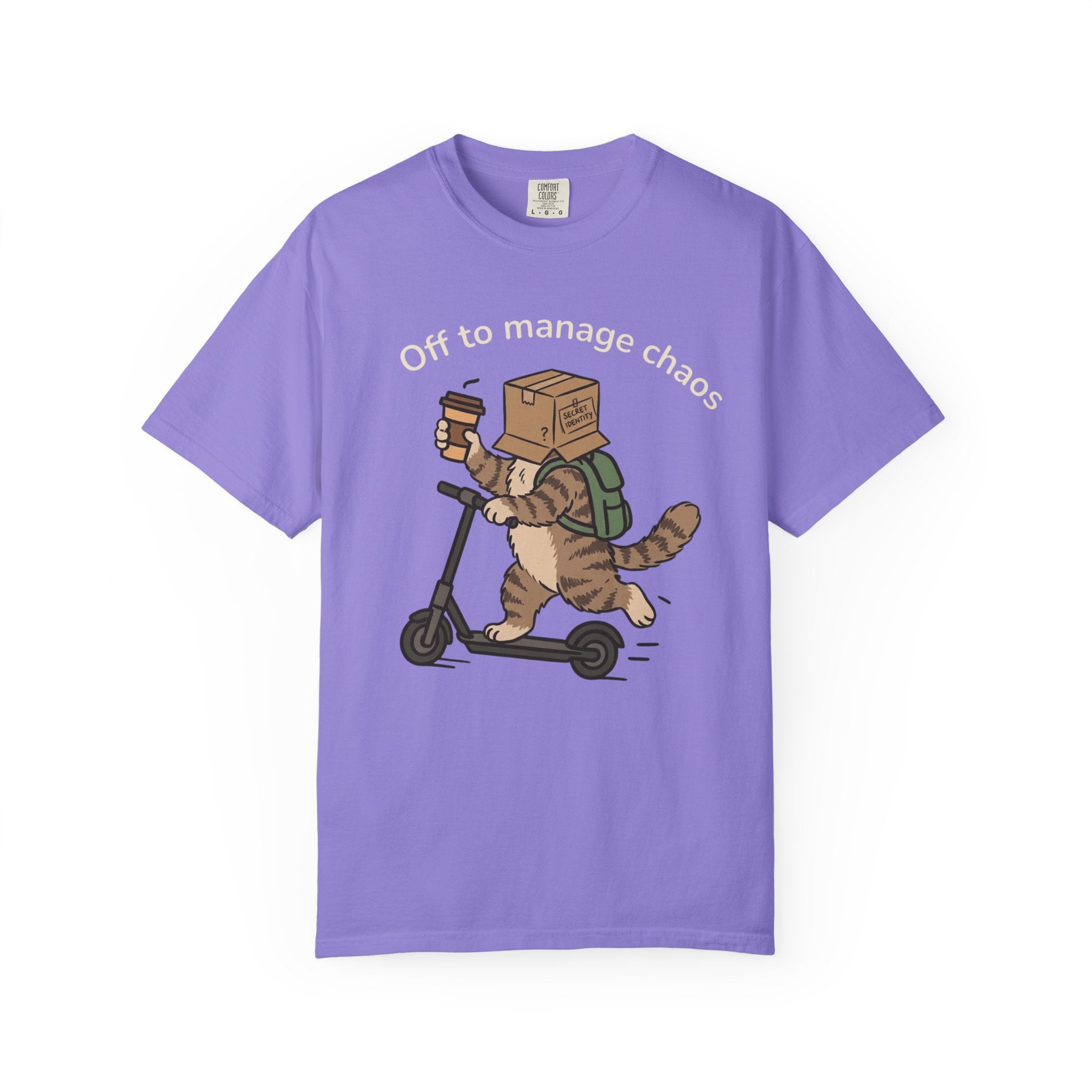 T‑Shirt — "Off to Manage Chaos" Cat on Scooter Graphic Tee