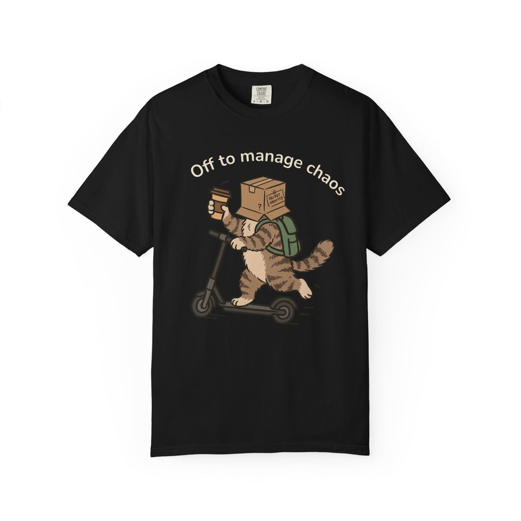 T‑Shirt — "Off to Manage Chaos" Cat on Scooter Graphic Tee