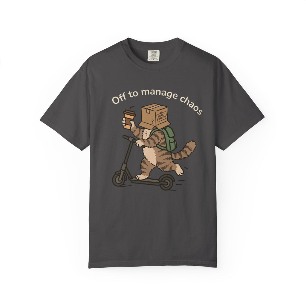 T‑Shirt — "Off to Manage Chaos" Cat on Scooter Graphic Tee